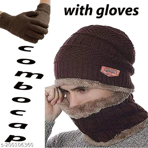 Brown wool 2-in-1 winter accessories: men's beanie cap & knit neck scarf, ideal for outdoor activities