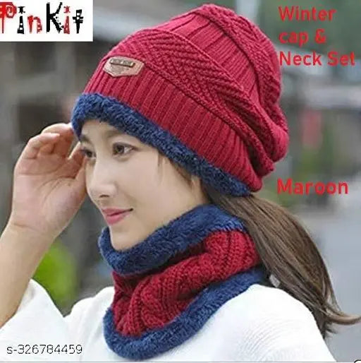 Acrylic winter cap set with fur-lined beanie & scarf, colorblocked pattern, Indian origin