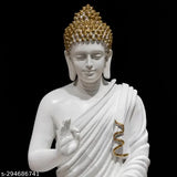 White resin Lord Gautam Buddha meditating statue, 36cm x 45cm x 24cm, handcrafted home decor showpiece for gifts and peaceful ambiance