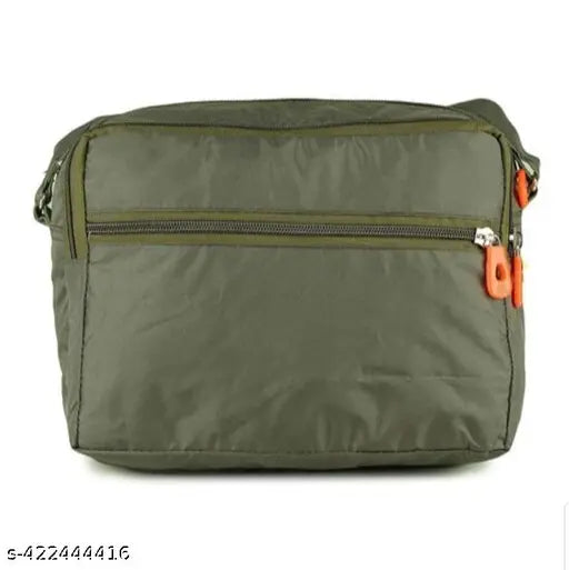 Trendy unisex sling bag. Crossbody messenger bag with one side sling. Polyester material. Black and grey color scheme with orange zippers. Side bag for daily use, pack of 1