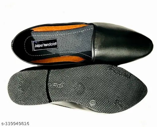 Synthetic black Muddi Jalsa Jutie men's footwear for outdoor/party use with ethnic look, featuring slip-on style and comfortable artificial leather inner" (124 characters)
