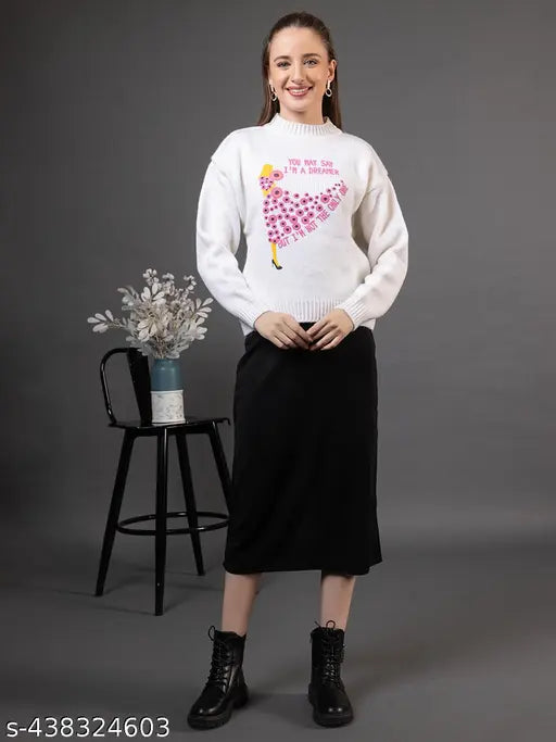 Wear Lusso pure woolen 3D printed round neck full sleeve pullover sweater - India, warm & stylish women's sweater with unique design