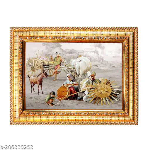 Wooden Vastu remedy village scene photo for home office, 17cm x 21cm, Indian craftsmanship