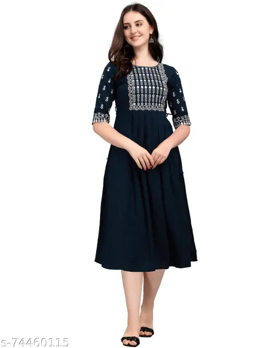 Stylish navy blue, embroidered knee-length dress