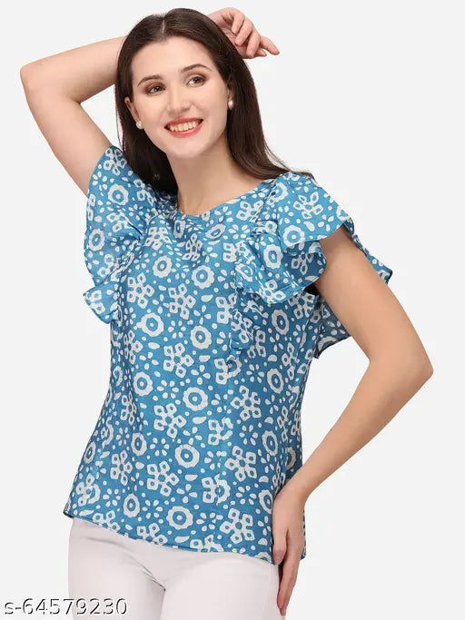 Viscose printed regular fit western top, short sleeves, comfortable and stylish for women's wear, India origin