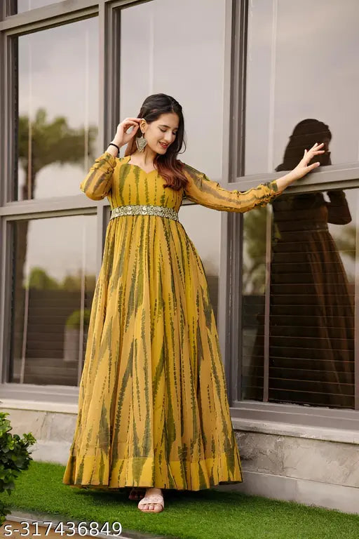 Printed yellow Georgette kurti, three-quarter sleeves, vibrant design for women's wedding or partywear, made in India