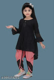 Black and peach Rayon embellished net party dhoti kurta set for girls