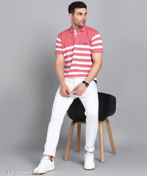 3BROS Striped Polo Neck Short Sleeves Cotton Blend Pink Stylish Fashionable & Comfortable Trendy Graphic Mens T-shirts