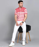 3BROS Striped Polo Neck Short Sleeves Cotton Blend Pink Stylish Fashionable & Comfortable Trendy Graphic Mens T-shirts