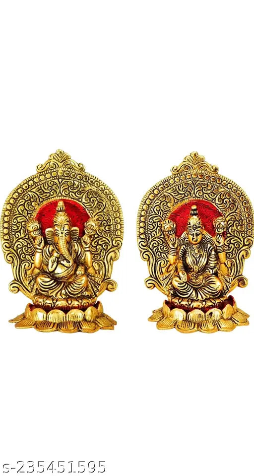 Metal Ganesh Laxmi idol on red flower, 1.5 inch tall, Indian origin