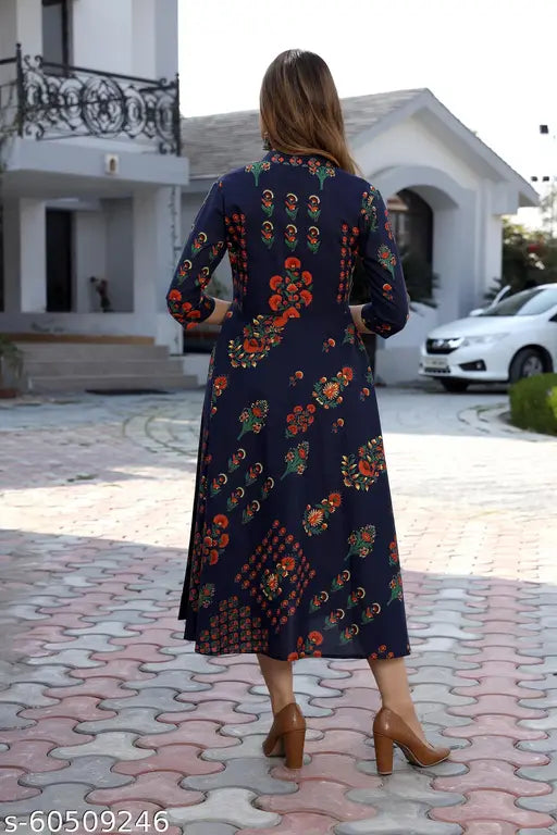 Blue cotton Anarkali gown with floral print by SARD Girls, three-quarter sleeve length