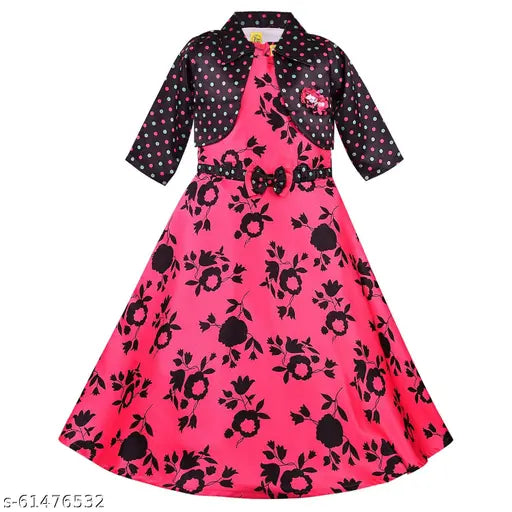 Pink floral lace dress with silver accents, long sleeves, ribbon belt at waist, knee-length skirt