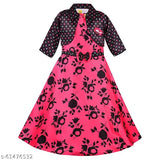 Pink floral lace dress with silver accents, long sleeves, ribbon belt at waist, knee-length skirt