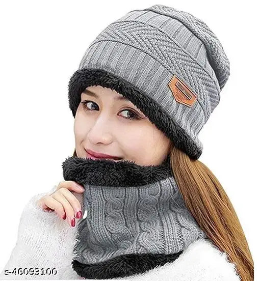 Grey faux fur checkered winter beanie cap and warm scarf for women and girls