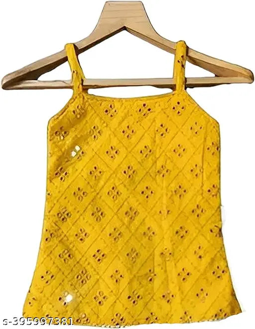 Girls' Rayon Casual Embellished Kurta & Sharara Set with Dupatta for Kids - A-line, Sleeveless, calf length in Indian ethnic wear styles. Available in sizes from 2-3 Years to 10-11 Years. Made in India