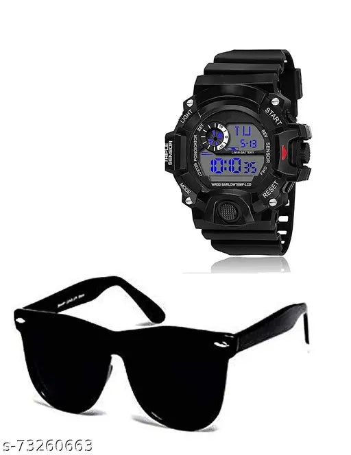 Black analog stainless steel watch, black sun shades, baseball cap