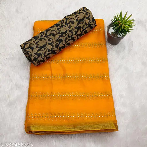 Bright yellow silk saree with a matching blouse piece, patterned trim