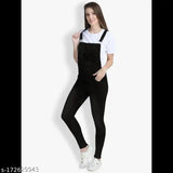 High-waisted blue denim dungaree for women, adjustable shoulder straps, four pockets, belt loops, mock fly button closure, Made in India