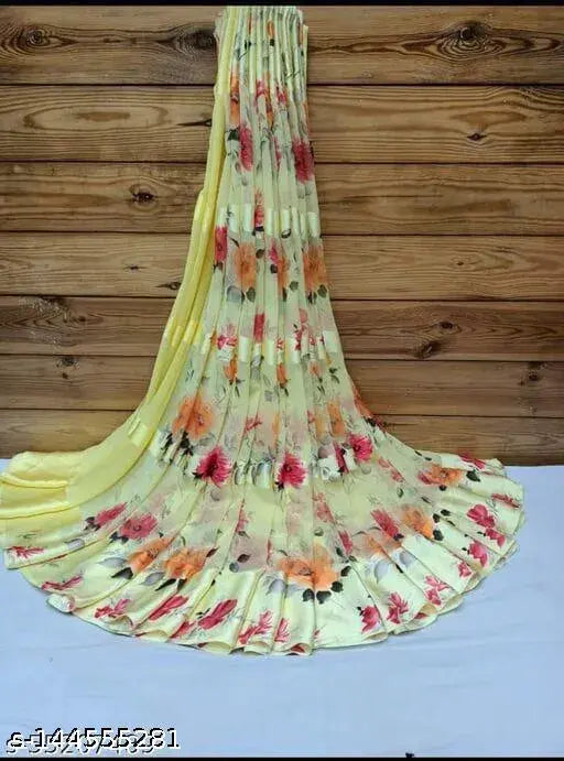 Gorgeous yellow satin patta with intricate designs, unstitched; perfect for a traditional look