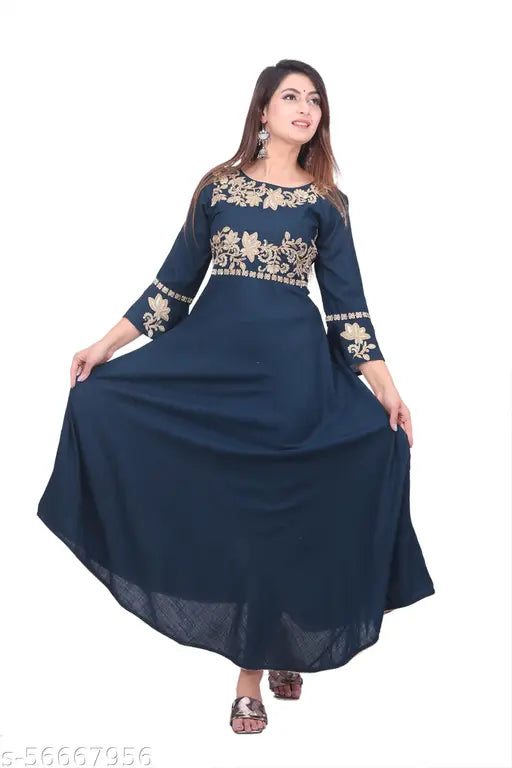 Long blue and black kurta with embroidery for women