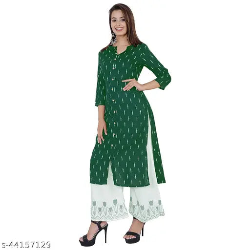 Dark green and white rayon printed Palazzo pant kurta set with batik print front slit kurti, no dupatta - Traditional Indian ethnic fashion