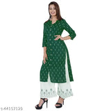 Dark green and white rayon printed Palazzo pant kurta set with batik print front slit kurti, no dupatta - Traditional Indian ethnic fashion