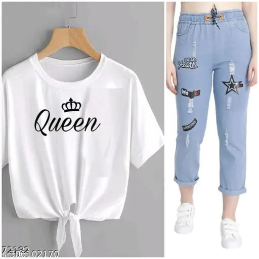 Cotton blend printed t-shirt with denim joggers (pack 2), stylish women's fashion combo