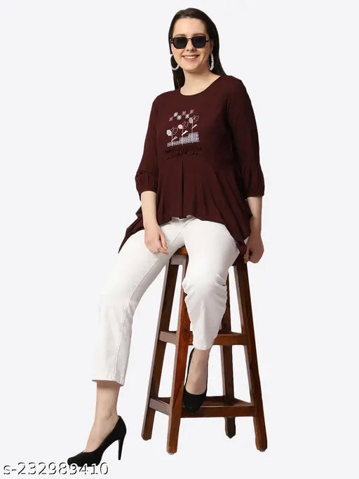 Maroon rayon boat neck ethnic motif top tunic, embroidered net pattern, three-quarter sleeves, size L (bust 40in, length 26in) made in India