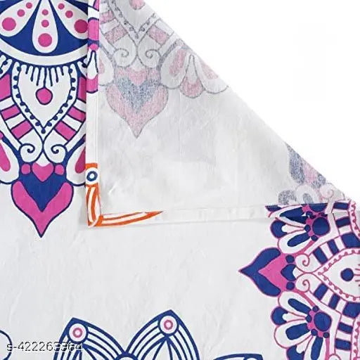 Mosaic Printed white base pink blue bedsheet, superfine quality cotton flat sheets in ethnic motifs, 2 pillow covers, ideal for summer adult use, 200 thread count, 90x108 inches, origin India