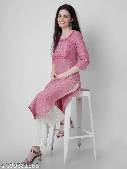 Pink cotton women's kurta with embroidery