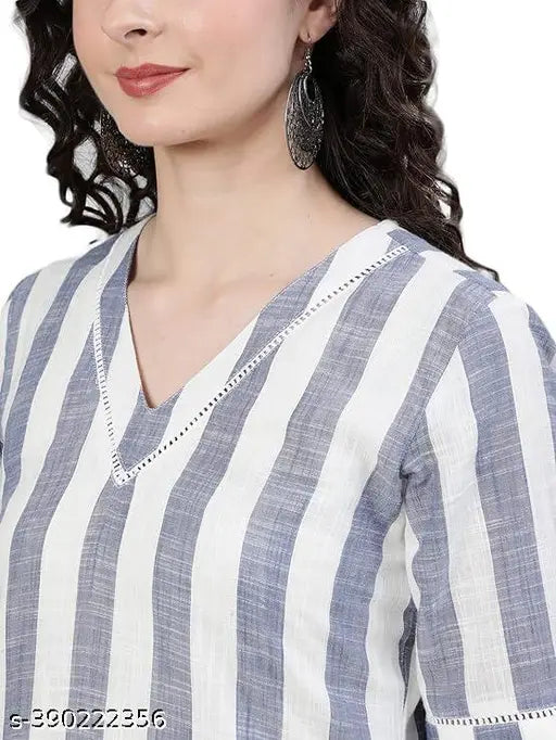 Grey & White striped cotton kurta & pant set with palazzo bottoms featuring ladder lace detail, v-neck, and elastic waistband - Made in India