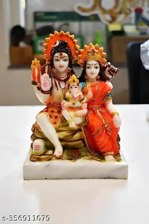 Handcrafted marble Adi Shankara Shiv Parivar Murti for Sawan Puja: Idols of Shiva, Parvati, and Ganesha, 6 inch high, ideal for home temple decor, car dashboard, office table