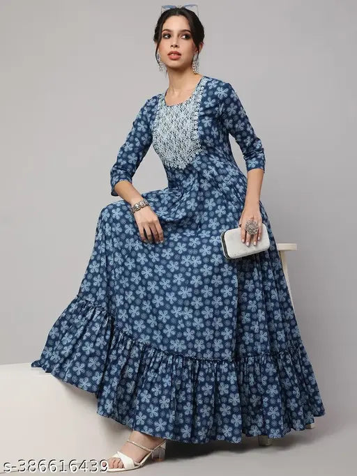 Women's ethnic dress, pure cotton, blue paisley print, long sleeve, flared skirt