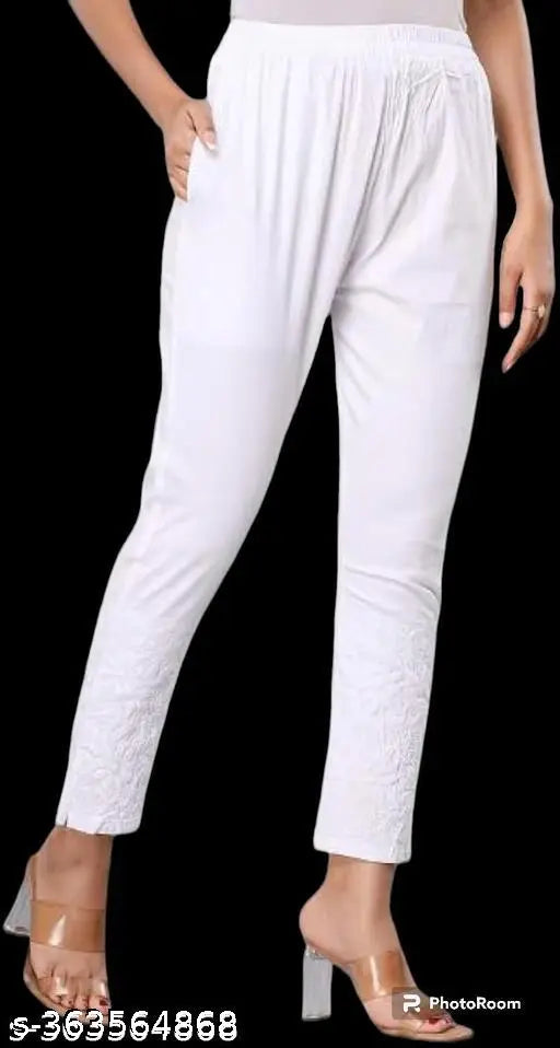 Women's Lucknowi embroidered stretchable pants, Lucknowi style panycra pants, Chikankari print and embroidery