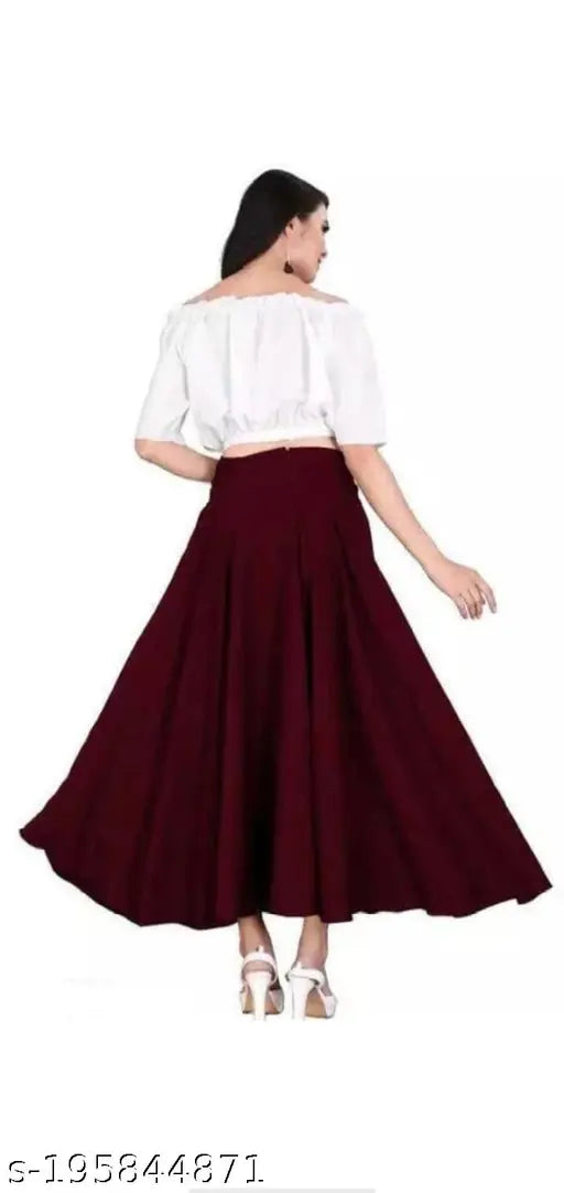 Maroon chiffon midi skirt, high slit, sleeveless blouse inset" # visible features: color, material, style
