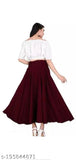 Maroon chiffon midi skirt, high slit, sleeveless blouse inset" # visible features: color, material, style