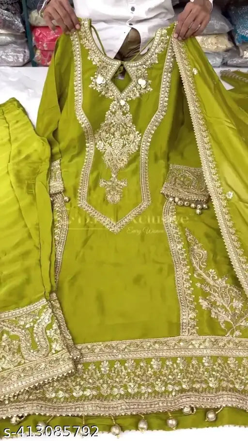 Silk party wear palazzo dupatta set with embroidered net, new designer look for women's festive top and bottomwear