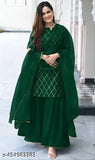 Green embroidered kameez and dupatta, long-sleeved, with matching headscarf