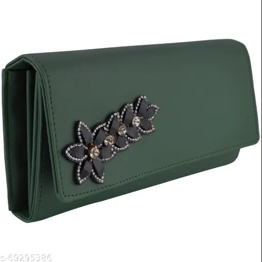 Green faux leather women's clutch wallet with 4 card pockets, peacock design