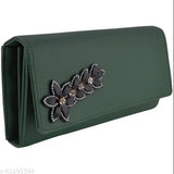 Green faux leather women's clutch wallet with 4 card pockets, peacock design