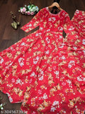 Red floral patterned long kurta with dupatta for women