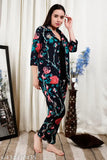 Black cotton nightsuit by Allen India with three-quarter sleeves, featuring a printed pattern. Women's sleepwear in sizes S to XXL, made in India