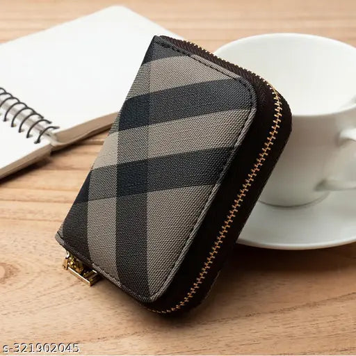 Grey faux-leather checkered card wallet with 5 compartments, ideal for organizing credit cards, IDs, and more