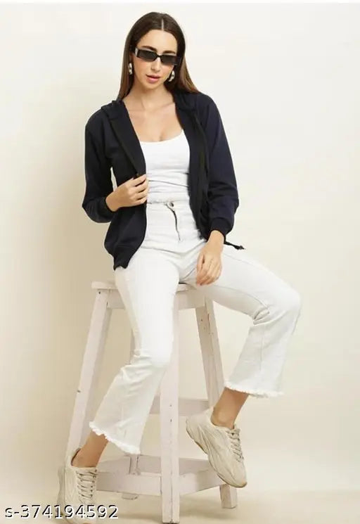 navy fleece zipper hoodie for women, stylish and trendy, solid color, long sleeves on hangar