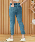 High-waisted stretchable premium denim knee-low slit blue jogger jeans, women's bell bottom relaxed fit cargo style