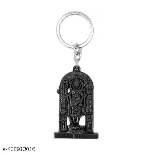 Golden metal Ayodhya Ram Lalla keychain with black counterpart, spiritual car accessory from India