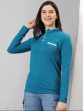 Teal cotton blend long sleeve women's t-shirt with placement print, Indian origin