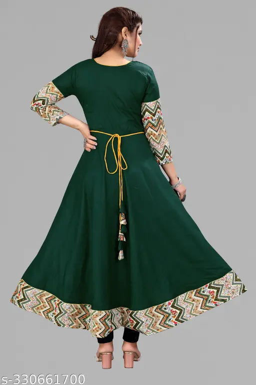 Dark green rayon long sleeve tussle tie Anarkali kurti for office and social events