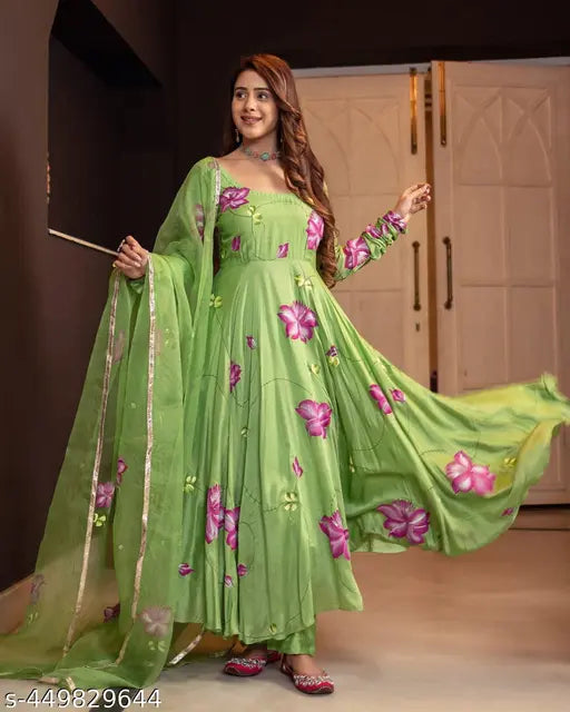 Women's floral Georgette gown with duppatta, attractive design, embroidered net, long sleeves, available in sizes S-XXL from India