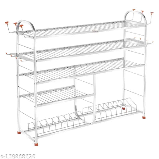 Silver stainless steel 5-shelf wall mount kitchen utensils rack with plate and cutlery stand, modular storage system, lower shelf for plates, 30 inches high, 36 inches long